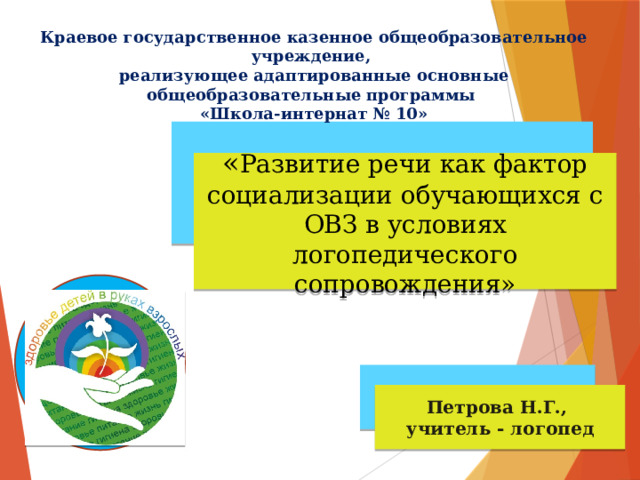Краевое государственное казенное общеобразовательное учреждение, реализующее адаптированные основные общеобразовательные программы «Школа-интернат № 10» « Развитие речи как фактор социализации обучающихся с ОВЗ в условиях логопедического сопровождения» Петрова Н.Г., учитель - логопед 