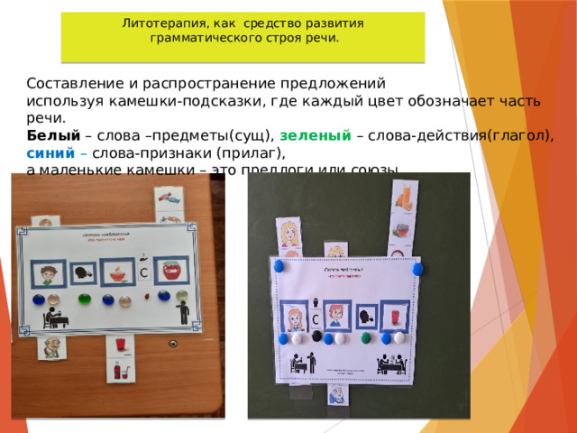 Литотерапия, как средство развития  грамматического строя речи.   Составление и распространение предложений используя камешки-подсказки, где каждый цвет обозначает часть речи. Белый – слова –предметы(сущ), зеленый  – слова-действия(глагол), синий – слова-признаки (прилаг), а маленькие камешки – это предлоги или союзы. 
