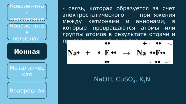 Ковалентная неполярная - связь, которая образуется за счет электростатического притяжения между катионами и анионами, в которые превращаются атомы или группы атомов в результате отдачи и присоединения электронов. Ковалентная полярная Ионная Металлическая NaOH, CuSO 4 , K 3 N Водородная 