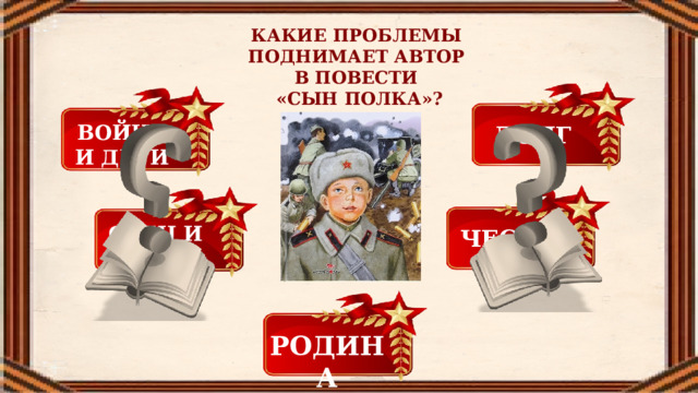 КАКИЕ ПРОБЛЕМЫ ПОДНИМАЕТ АВТОР В ПОВЕСТИ «СЫН ПОЛКА»? ВОЙНА И ДЕТИ ДОЛГ ОТЕЦ И СЫН ЧЕСТЬ РОДИНА 