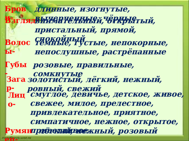Брови- длинные, изогнутые, вычерченные, чёрные Взгляд- внимательный, открытый, пристальный, прямой, спокойный Волосы- тёмные, густые, непокорные, непослушные, растрёпанные Губы- розовые, правильные, сомкнутые Загар- золотистый, лёгкий, нежный, ровный, свежий смуглое, девичье, детское, живое, свежее, милое, прелестное, привлекательное, приятное, симпатичное, нежное, открытое, приветливое Лицо- Румянец- лёгкий, нежный, розовый 