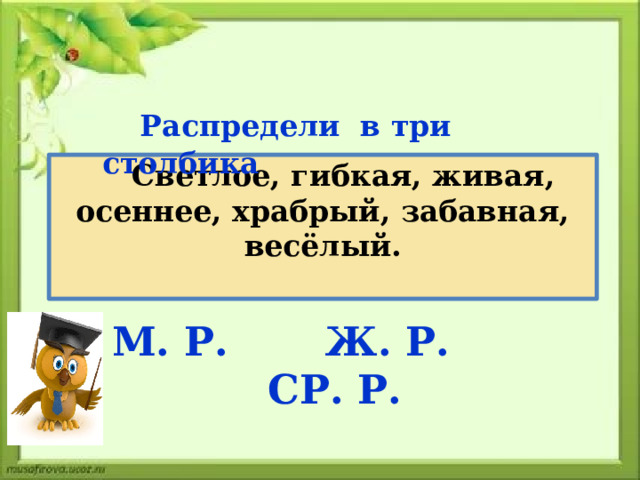 Распредели в три столбика  Светлое, гибкая, живая, осеннее, храбрый, забавная, весёлый.   М. Р. Ж. Р. СР. Р. 