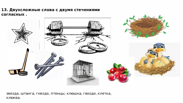 13. Двухсложные слова с двумя стечениями согласных . звезда, штанга, гнездо, птенцы, клюшка, гвозди, клетка, клюква. 