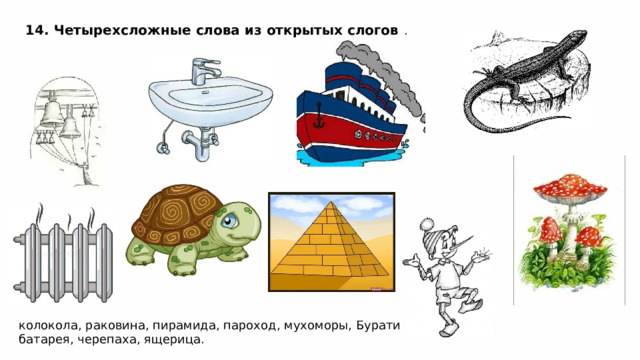 14. Четырехсложные слова из открытых слогов . колокола, раковина, пирамида, пароход, мухоморы, Буратино, батарея, черепаха, ящерица. 