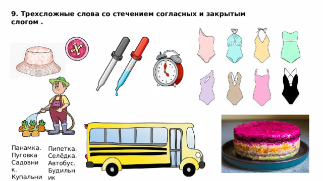 9. Трехсложные слова со стечением согласных и закрытым слогом . Панамка. Пуговка Садовник. Купальник. Пипетка. Селёдка. Автобус. Будильник 