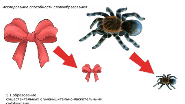 5. Исследование способности словообразования: 5.1.образование существительных с уменьшительно-ласкательными суффиксами; 