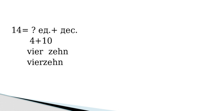 14= ? ед.+ дес.  4+10  vier zehn  vierzehn 