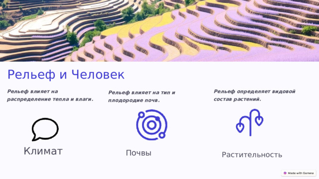 Рельеф и Человек Рельеф влияет на распределение тепла и влаги. Рельеф определяет видовой состав растений. Рельеф влияет на тип и плодородие почв. Климат Почвы Растительность 