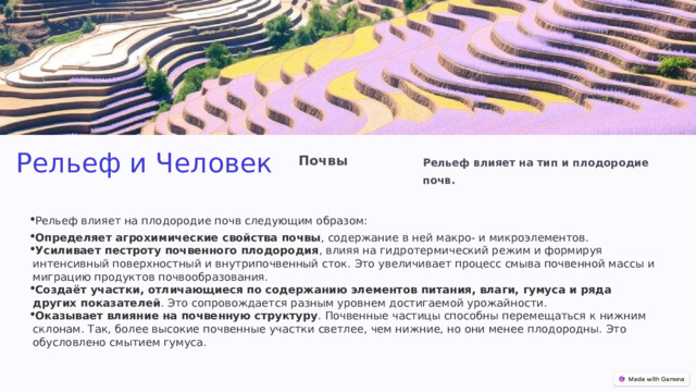 Рельеф и Человек Почвы Рельеф влияет на тип и плодородие почв. Рельеф влияет на плодородие почв следующим образом: Определяет агрохимические свойства почвы , содержание в ней макро- и микроэлементов.  Усиливает пестроту почвенного плодородия , влияя на гидротермический режим и формируя интенсивный поверхностный и внутрипочвенный сток. Это увеличивает процесс смыва почвенной массы и миграцию продуктов почвообразования.  Создаёт участки, отличающиеся по содержанию элементов питания, влаги, гумуса и ряда других показателей . Это сопровождается разным уровнем достигаемой урожайности.  Оказывает влияние на почвенную структуру . Почвенные частицы способны перемещаться к нижним склонам. Так, более высокие почвенные участки светлее, чем нижние, но они менее плодородны. Это обусловлено смытием гумуса. 