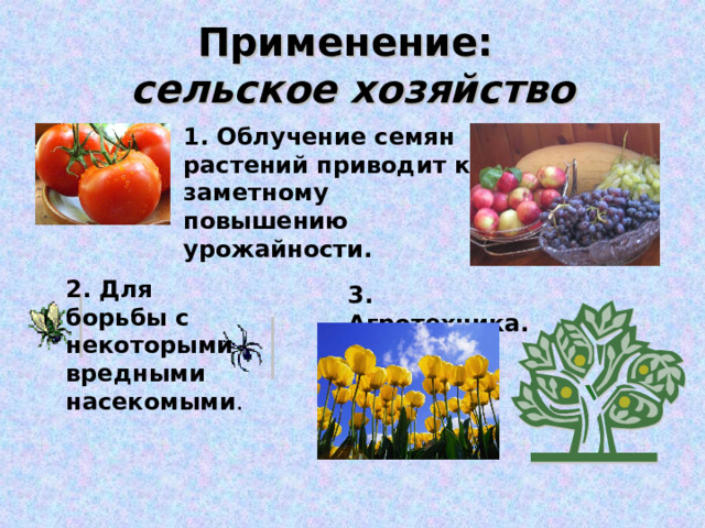 Применение:  сельское хозяйство   1. Облучение семян растений приводит к заметному повышению урожайности. 2. Для борьбы с некоторыми вредными насекомыми . 3. Агротехника. 