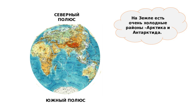 На Земле есть очень холодные районы –Арктика и Антарктида. СЕВЕРНЫЙ ПОЛЮС ЮЖНЫЙ ПОЛЮС 
