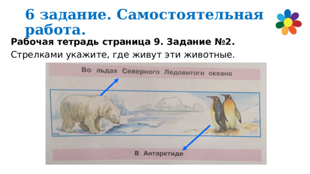 6 задание. Самостоятельная работа. Рабочая тетрадь страница 9. Задание №2. Стрелками укажите, где живут эти животные. 