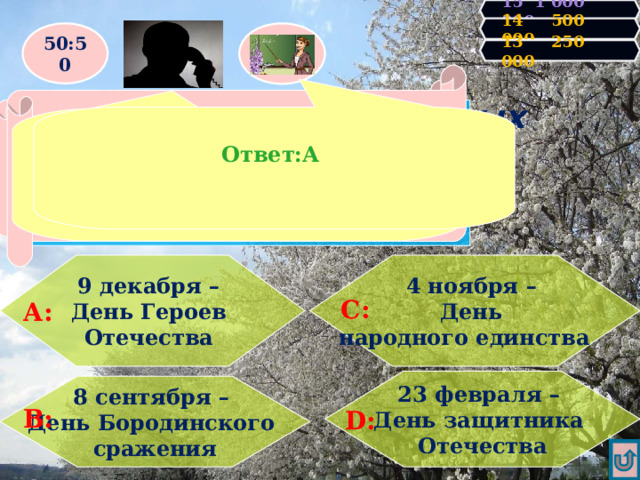 15 1 000 000 14 500 000 50:50 13 250 000 Правильно! У Вас 250000 очков! Продолжаем игру! Увы, Вы проиграли! Игра закончена. Какой из нижеперечисленных дней не является днём  воинской славы России?   Ответ:А Наверное А 4 ноября – День народного единства  9 декабря – День Героев Отечества  А: С: 23 февраля – День защитника Отечества 8 сентября – День Бородинского сражения В: D : 