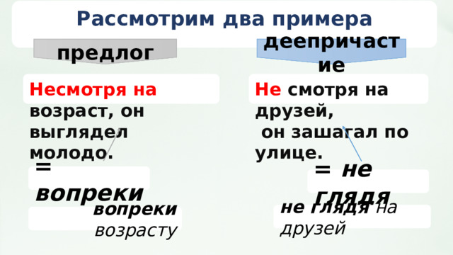 предлог деепричастие Рассмотрим два примера Не смотря на друзей, Несмотря на возраст, он выглядел молодо.  он зашагал по улице. = вопреки = не глядя не глядя на друзей вопреки возрасту  