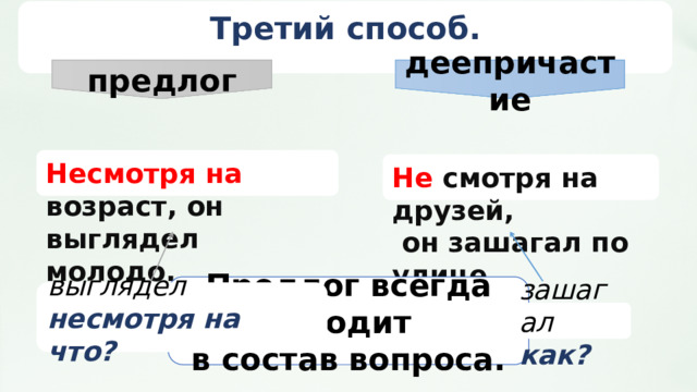 предлог деепричастие Третий способ. Несмотря на возраст, он выглядел молодо. Не смотря на друзей,  он зашагал по улице. Предлог всегда входит  в состав вопроса. выглядел  несмотря на что?  зашагал как?  