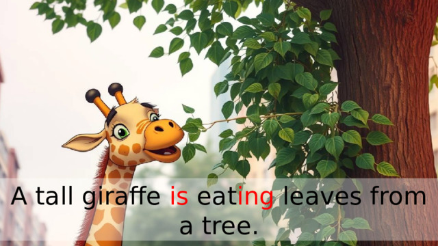 A tall giraffe is eat ing leaves from a tree. 