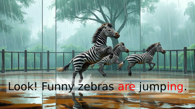 Look! Funny zebras are jump ing . 