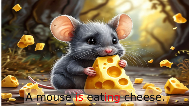 A mouse is  eat ing  cheese. 