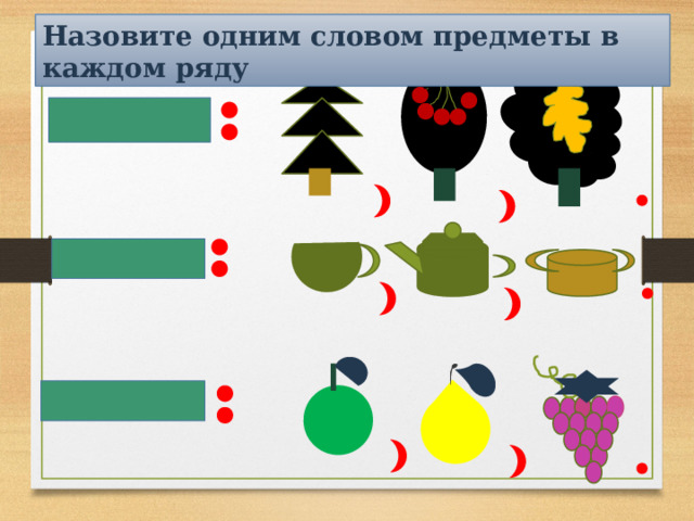 Назовите одним словом предметы в каждом ряду   