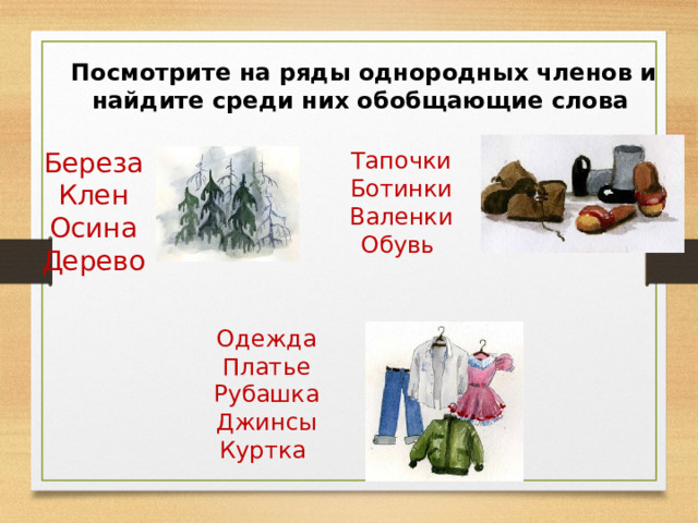 Посмотрите на ряды однородных членов и найдите среди них обобщающие слова  Береза Клен Осина Дерево Тапочки Ботинки Валенки Обувь Одежда Платье Рубашка Джинсы Куртка 
