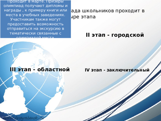 Проходит в октябре, в нем могут принимать участие все желающие Проходит в ноябре, ко второму этапу допускаются победители первого этапа Проходит в январе, в нем могут принять участие победители прошлого этапа Проходит в марте. Призёры олимпиад получают дипломы и награды , к примеру книги или места в учебных заведениях. Участникам также могут предоставить возможность отправиться на экскурсию в тематически связанные с олимпиадой места.  Всероссийская олимпиада школьников проходит в четыре этапа I этап - школьный II этап - городской IV этап - заключительный III этап - областной 