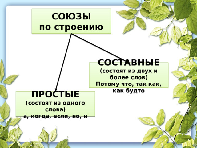СОЮЗЫ по строению СОСТАВНЫЕ (состоят из двух и более слов) Потому что, так как, как будто ПРОСТЫЕ (состоят из одного слова) а, когда, если, но, и 