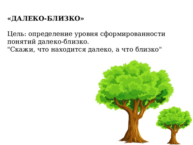 «ДАЛЕКО-БЛИЗКО» Цель: определение уровня сформированности понятий далеко-близко. 