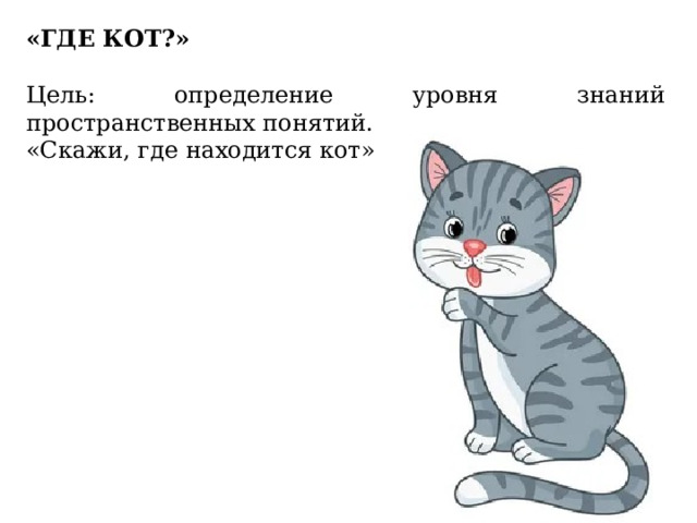 «ГДЕ КОТ?» Цель: определение уровня знаний пространственных понятий. «Скажи, где находится кот» 