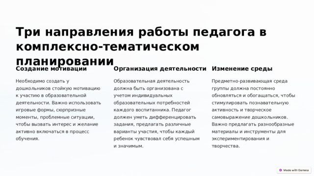  Три направления работы педагога в комплексно-тематическом планировании Создание мотивации Организация деятельности Изменение среды Необходимо создать у дошкольников стойкую мотивацию к участию в образовательной деятельности. Важно использовать игровые формы, сюрпризные моменты, проблемные ситуации, чтобы вызвать интерес и желание активно включаться в процесс обучения. Образовательная деятельность должна быть организована с учетом индивидуальных образовательных потребностей каждого воспитанника. Педагог должен уметь дифференцировать задания, предлагать различные варианты участия, чтобы каждый ребенок чувствовал себя успешным и значимым. Предметно-развивающая среда группы должна постоянно обновляться и обогащаться, чтобы стимулировать познавательную активность и творческое самовыражение дошкольников. Важно предлагать разнообразные материалы и инструменты для экспериментирования и творчества. 