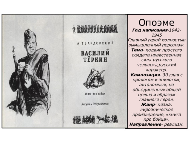 Опоэме  Год написания -1942-1945  Главный герой полностью вымышленный персонаж.  Тема - подвиг простого солдата,нравственная сила русского человека,русский характер.  Композиция - 30 глав с прологом и эпилогом, автономных, но объединенных общей целью и образом главного героя.  Жанр - поэма, лироэпическое произведение, «книга про бойца».  Направление - реализм. 