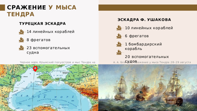 СРАЖЕНИЕ  У  МЫСА  ТЕНДРА ЭСКАДРА  Ф.  УШАКОВА 10  линейных  кораблей 6  фрегатов 1  бомбардирский  корабль 20  вспомогательных  судов ТУРЕЦКАЯ  ЭСКАДРА 14  линейных  кораблей 8  фрегатов 23  вспомогательных судна А.  А.  Блинков.  Сражение  у  мыса  Тендра  28–29  августа 1790  года Черное  море,  Крымский  полуостров  и  мыс  Тендра  на  карте 