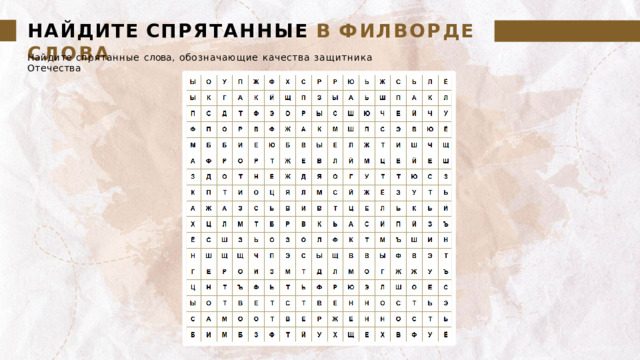 НАЙДИТЕ  СПРЯТАННЫЕ  В  ФИЛВОРДЕ  СЛОВА Найдите  спрятанные  слова,  обозначающие  качества  защитника  Отечества 