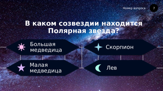Номер вопроса В каком созвездии находится Полярная звезда? 7 Скорпион Большая медведица Лев Малая медведица 