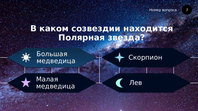 Номер вопроса В каком созвездии находится Полярная звезда? 7 Скорпион Большая медведица Лев Малая медведица 