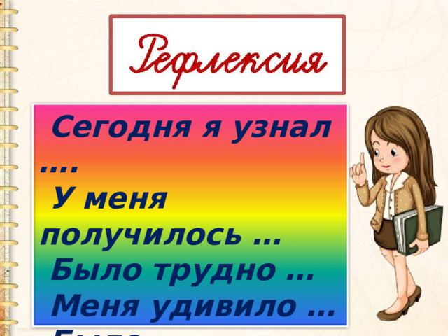  Сегодня я узнал ….  У меня получилось …  Было трудно …  Меня удивило …  Было интересно….  Теперь я умею … 