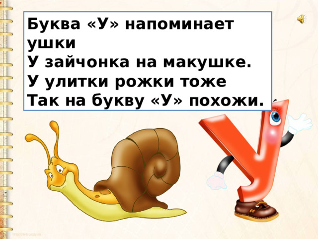 Буква «У» напоминает ушки  У зайчонка на макушке.  У улитки рожки тоже  Так на букву «У» похожи. 