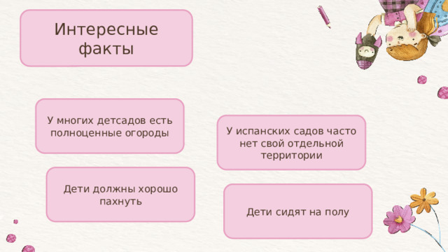 Интересные факты У многих детсадов есть полноценные огороды У испанских садов часто нет свой отдельной территории Дети должны хорошо пахнуть Дети сидят на полу 