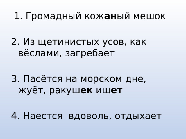  1. Громадный кож ан ый мешок 2. Из щетинистых усов, как вёслами, загребает 3. Пасётся на морском дне, жуёт, ракуш ек ищ ет  4. Наестся вдоволь, отдыхает 