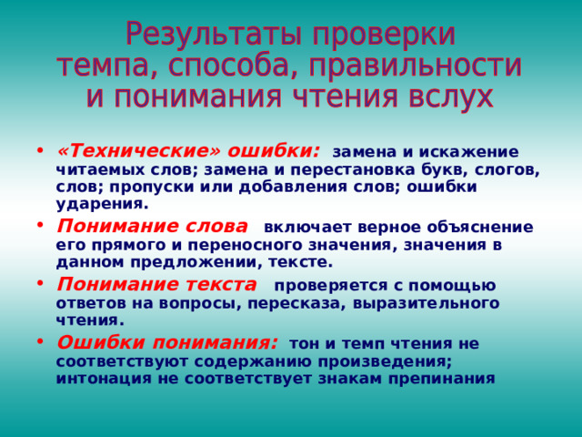 «Технические» ошибки:  замена и искажение читаемых слов; замена и перестановка букв, слогов, слов; пропуски или добавления слов; ошибки ударения. Понимание слова   включает верное объяснение его прямого и переносного значения, значения в данном предложении, тексте. Понимание текста  проверяется с помощью ответов на вопросы, пересказа, выразительного чтения. Ошибки понимания:  тон и темп чтения не соответствуют содержанию произведения; интонация не соответствует знакам препинания  