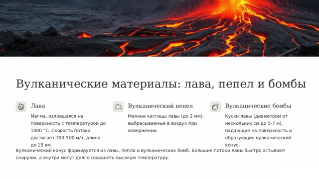  Вулканические материалы: лава, пепел и бомбы Лава Вулканические бомбы Вулканический пепел Магма, излившаяся на поверхность с температурой до 1000 °С. Скорость потока достигает 300-500 м/ч, длина – до 15 км. Мелкие частицы лавы (до 2 мм), выбрасываемые в воздух при извержении. Куски лавы (диаметром от нескольких см до 5-7 м), падающие на поверхность и образующие вулканический конус. Вулканический конус формируется из лавы, пепла и вулканических бомб. Большие потоки лавы быстро остывают снаружи, а внутри могут долго сохранять высокую температуру. 