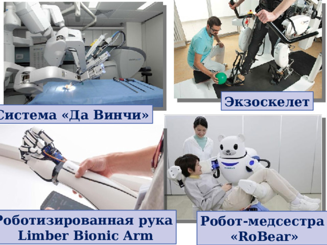 Экзоскелет Система «Да Винчи» Роботизированная рука  Limber Bionic Arm Робот-медсестра «RoBear» 