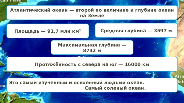 Атлантический океан — второй по величине и глубине океан на Земле Средняя глубина — 3597 м Площадь — 91,7 млн км² Максимальная глубина — 8742 м Протяжённость с севера на юг — 16000 км Это самый изученный и освоенный людьми океан. Самый соленый океан. 