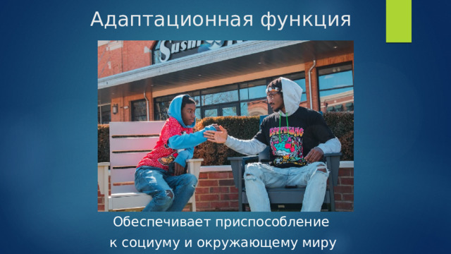 Адаптационная функция Обеспечивает приспособление к социуму и окружающему миру 