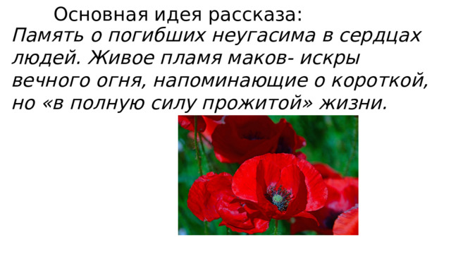 Основная идея рассказа: Память о погибших неугасима в сердцах людей. Живое пламя маков- искры вечного огня, напоминающие о короткой, но «в полную силу прожитой» жизни. 