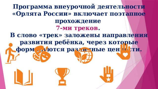 Программа внеурочной деятельности «Орлята России» включает поэтапное прохождение 7-ми треков . В слово «трек» заложены направления развития ребёнка, через которые формируются различные ценности. 