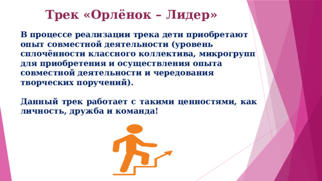 Трек «Орлёнок – Лидер»   В процессе реализации трека дети приобретают опыт совместной деятельности (уровень сплочённости классного коллектива, микрогрупп для приобретения и осуществления опыта совместной деятельности и чередования творческих поручений).  Данный трек работает с такими ценностями, как личность, дружба и команда! 