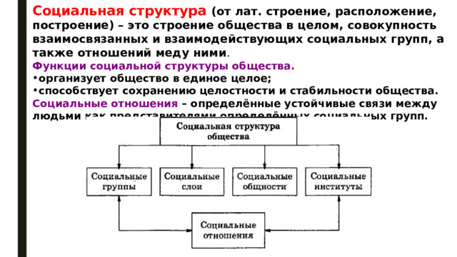 Социальная структура (от лат. строение, расположение, построение) – это строение общества в целом, совокупность взаимосвязанных и взаимодействующих социальных групп, а также отношений меду ними . Функции социальной структуры общества. организует общество в единое целое; способствует сохранению целостности и стабильности общества. Социальные отношения   – определённые устойчивые связи между людьми как представителями определённых социальных групп. 