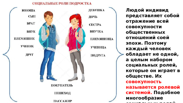 Людой индивид представляет собой отражение всей совокупности общественных отношений соей эпохи. Поэтому каждый человек обладает не одной, а целым набором социальных ролей, которые он играет в обществе. Их совокупность называется ролевой системой. Подобное многообразие социальных ролей может стать причиной внутреннего конфликта личности. 
