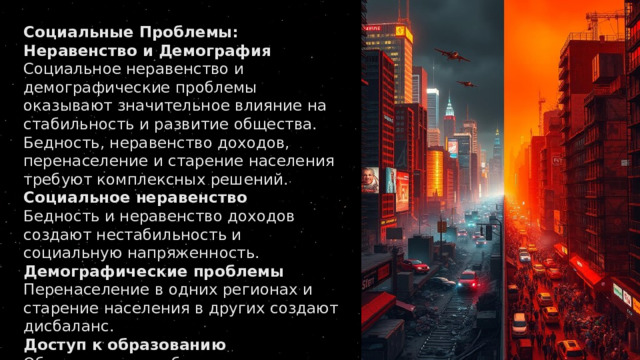 Социальные Проблемы: Неравенство и Демография Социальное неравенство и демографические проблемы оказывают значительное влияние на стабильность и развитие общества. Бедность, неравенство доходов, перенаселение и старение населения требуют комплексных решений. Социальное неравенство Бедность и неравенство доходов создают нестабильность и социальную напряженность. Демографические проблемы Перенаселение в одних регионах и старение населения в других создают дисбаланс. Доступ к образованию Обеспечение всеобщего доступа к качественному образованию. 