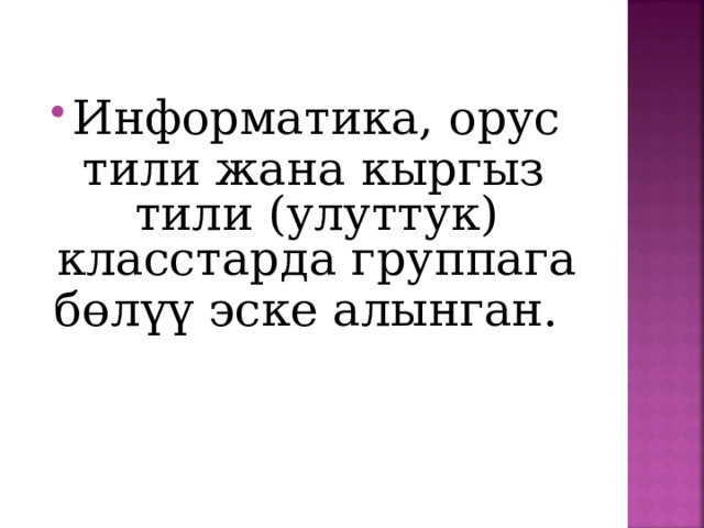 Информатика, орус  тили жана кыргыз тили (улуттук) класстарда группага бөлүү эске алынган. 